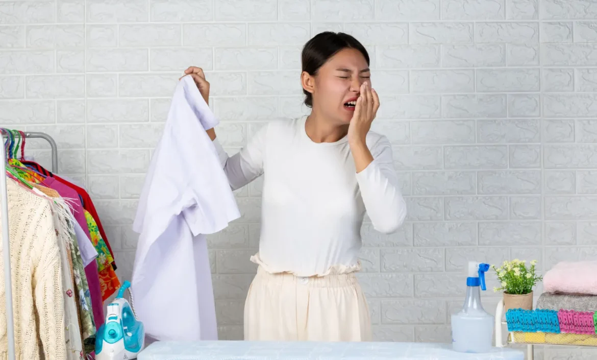 The-young-maid-who-is-stinking-the-smell-of-the-finished-shirt-on-the-white